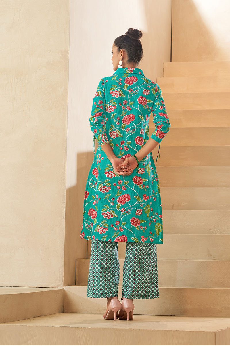 Sky Blue Floral A-line Cotton Kurta Set