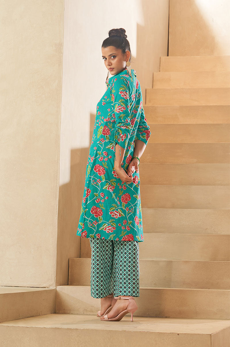 Sky Blue Floral A-line Cotton Kurta Set