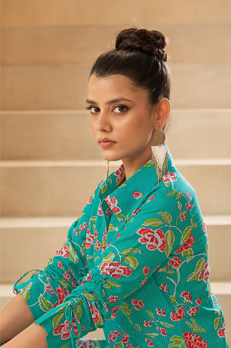 Sky Blue Floral A-line Cotton Kurta Set