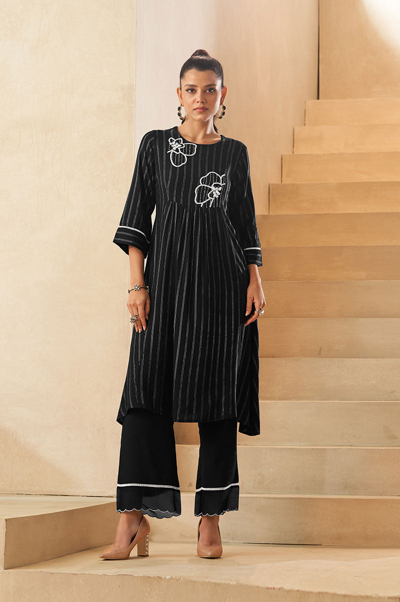 Black Vertical Foil Print Embroidered Viscose Kurta Set