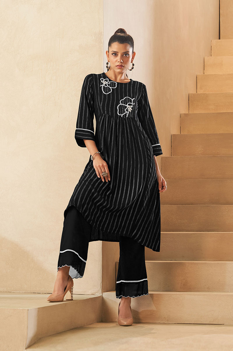 Black Vertical Foil Print Embroidered Viscose Kurta Set