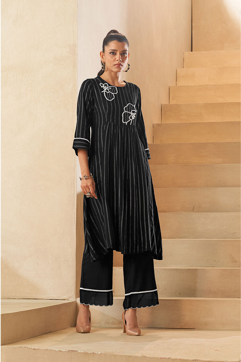 Black Vertical Foil Print Embroidered Viscose Kurta Set