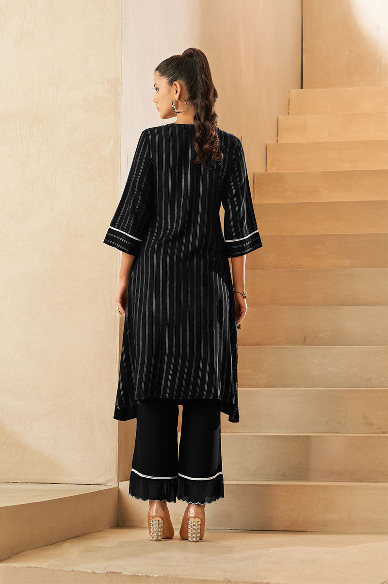 Black Vertical Foil Print Embroidered Viscose Kurta Set