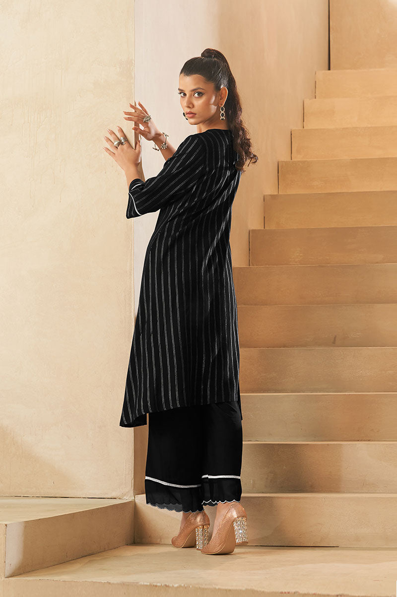 Black Vertical Foil Print Embroidered Viscose Kurta Set