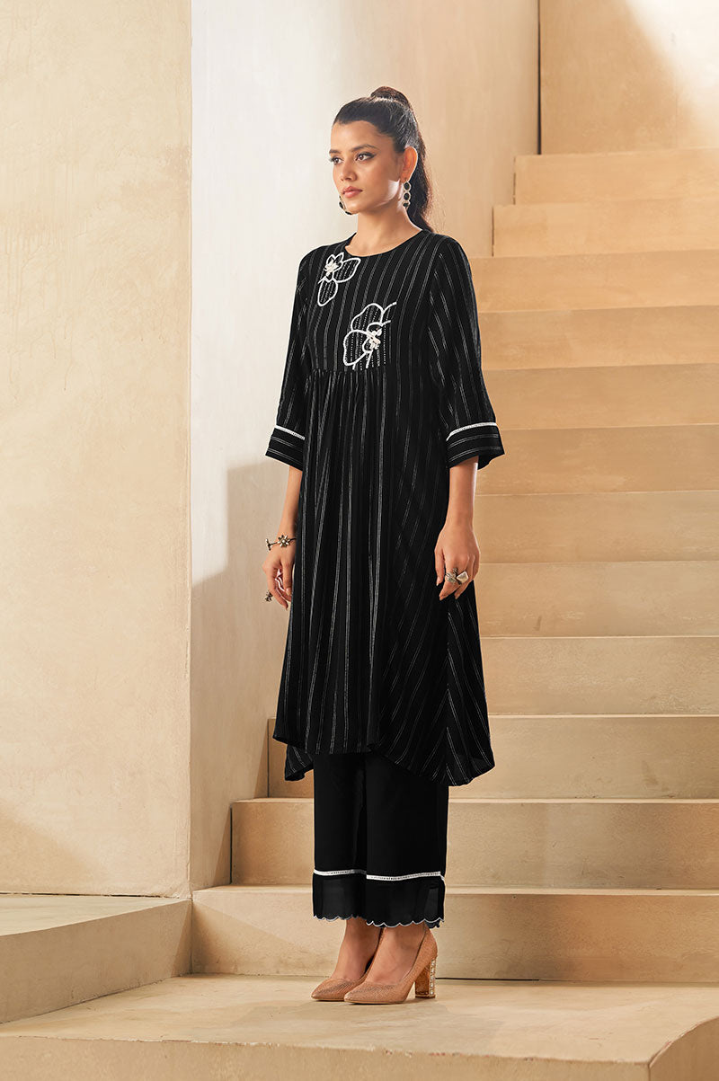 Black Vertical Foil Print Embroidered Viscose Kurta Set