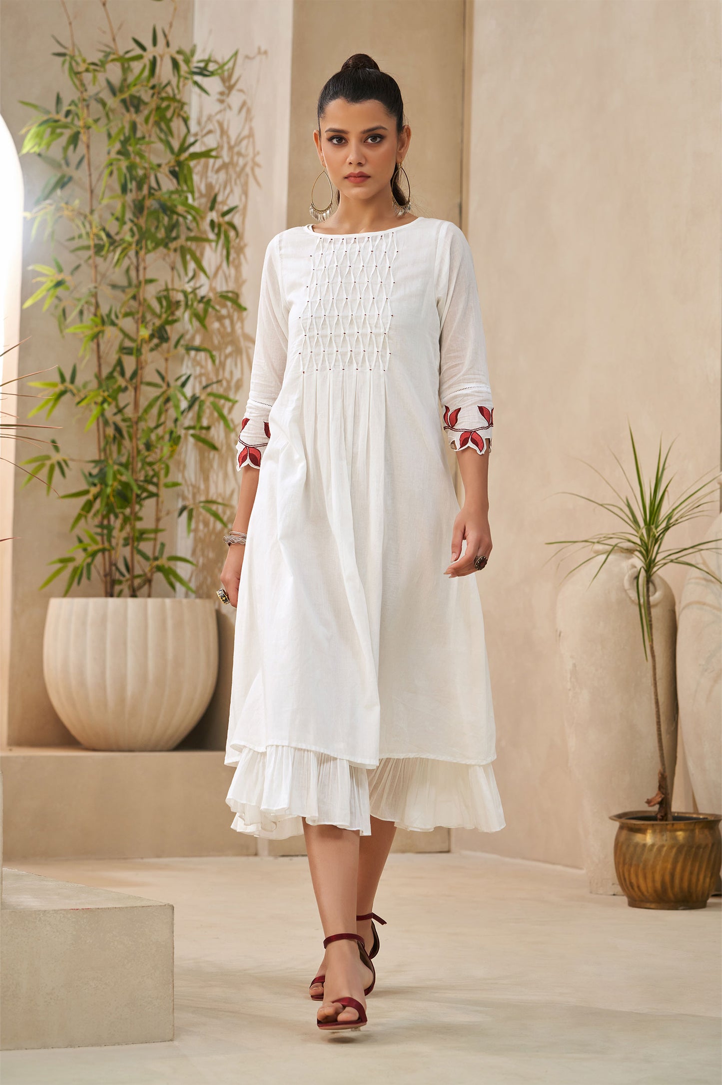 White Smocking Embellished Flared Kurta With Cut-work Sleeves