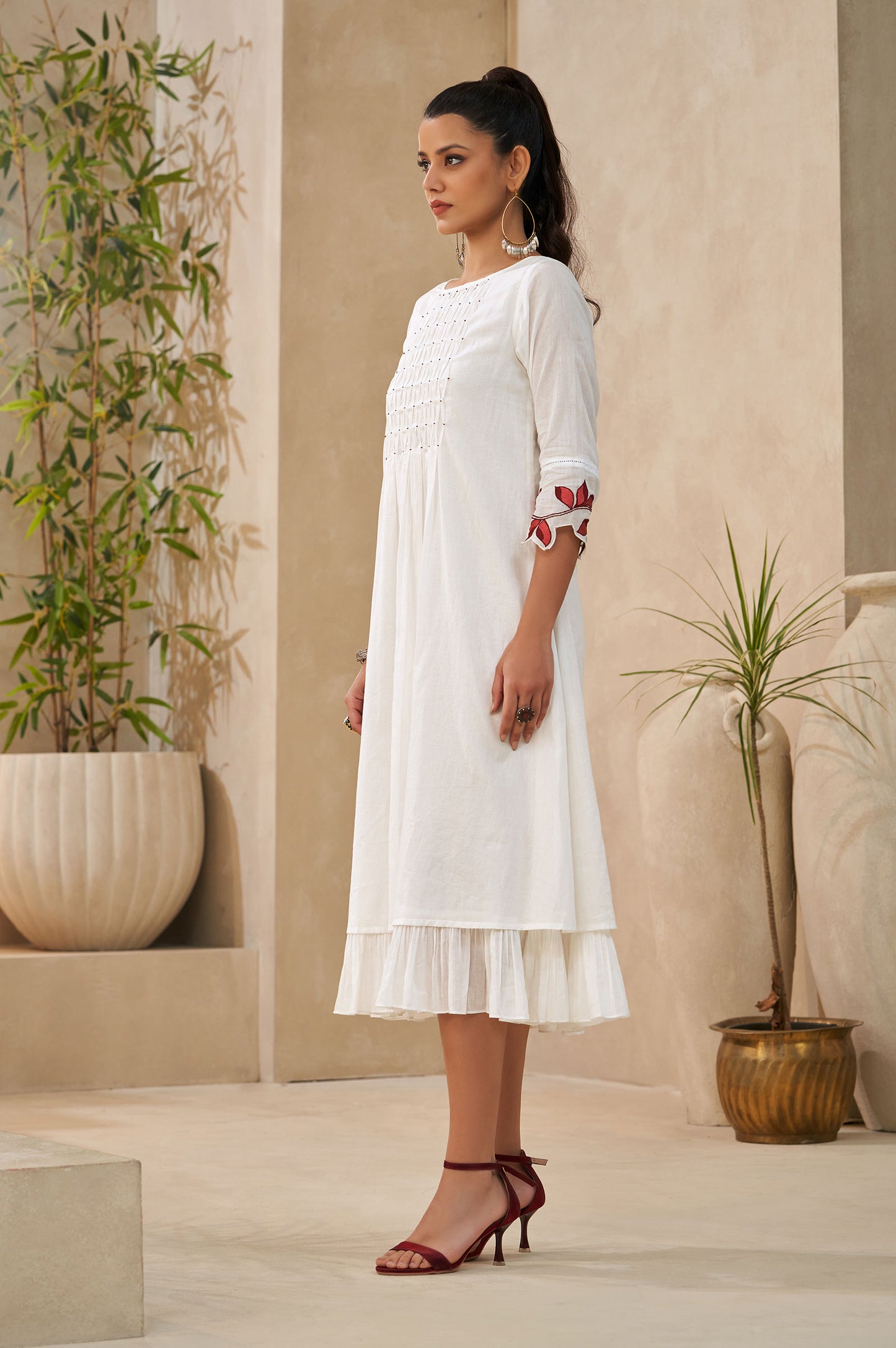 White Smocking Embellished Flared Kurta With Cut-work Sleeves