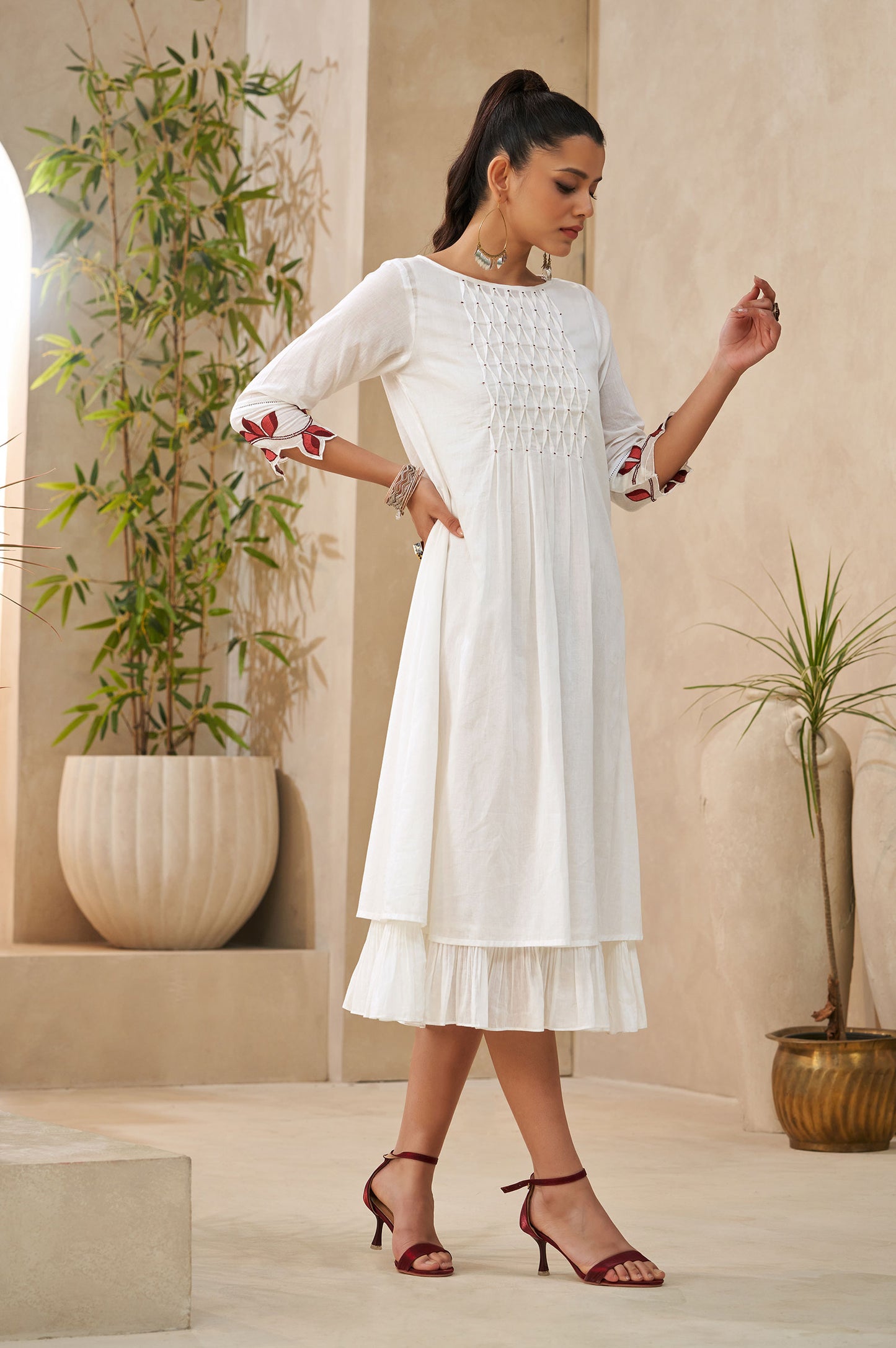 White Smocking Embellished Flared Kurta With Cut-work Sleeves