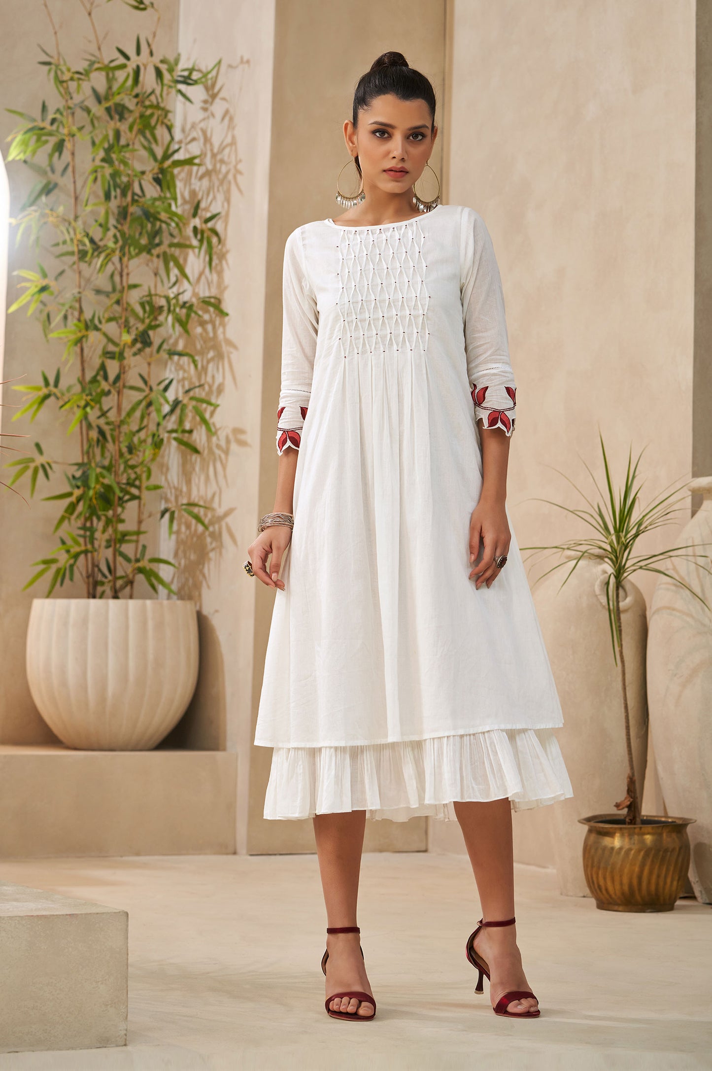 White Smocking Embellished Flared Kurta With Cut-work Sleeves