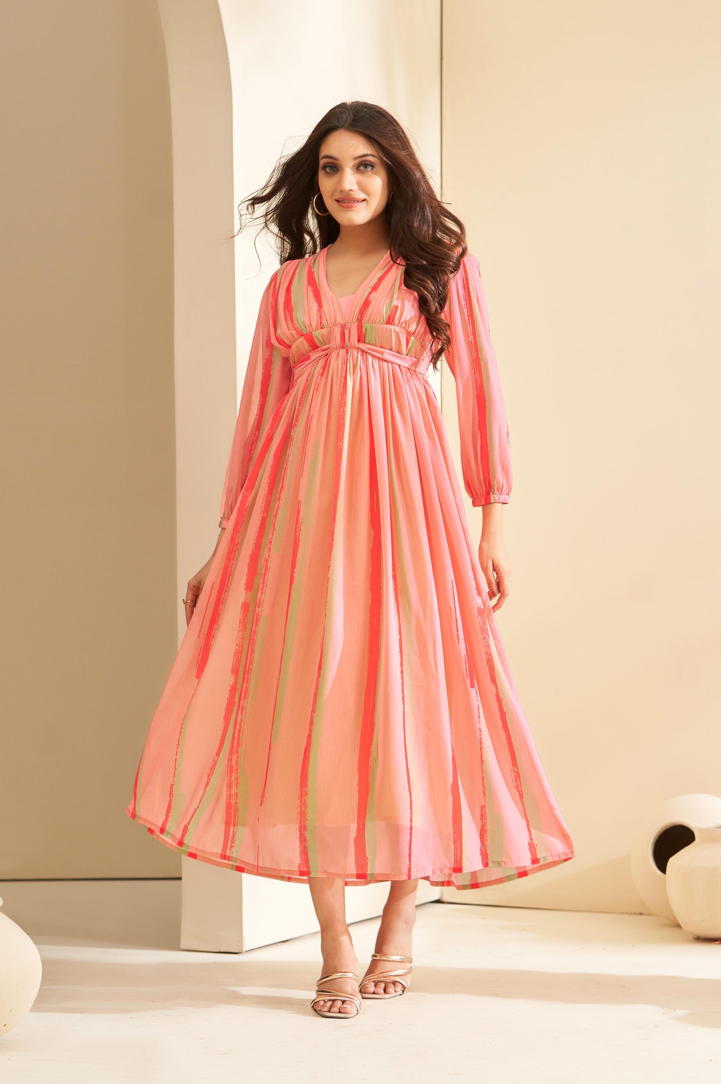 Peach Pink Flared Geometric Digital print Dress