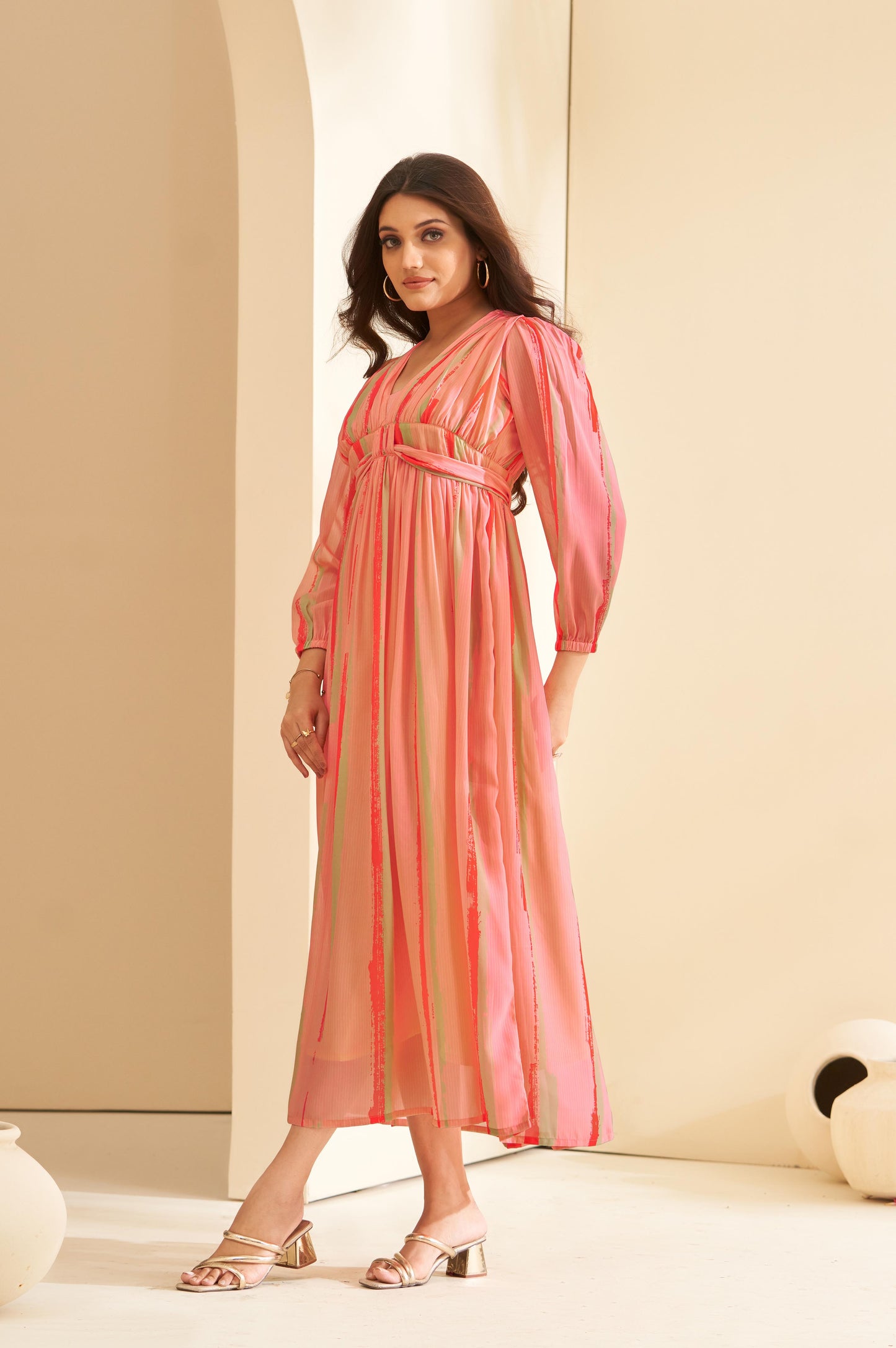 Peach Pink Flared Geometric Digital print Dress