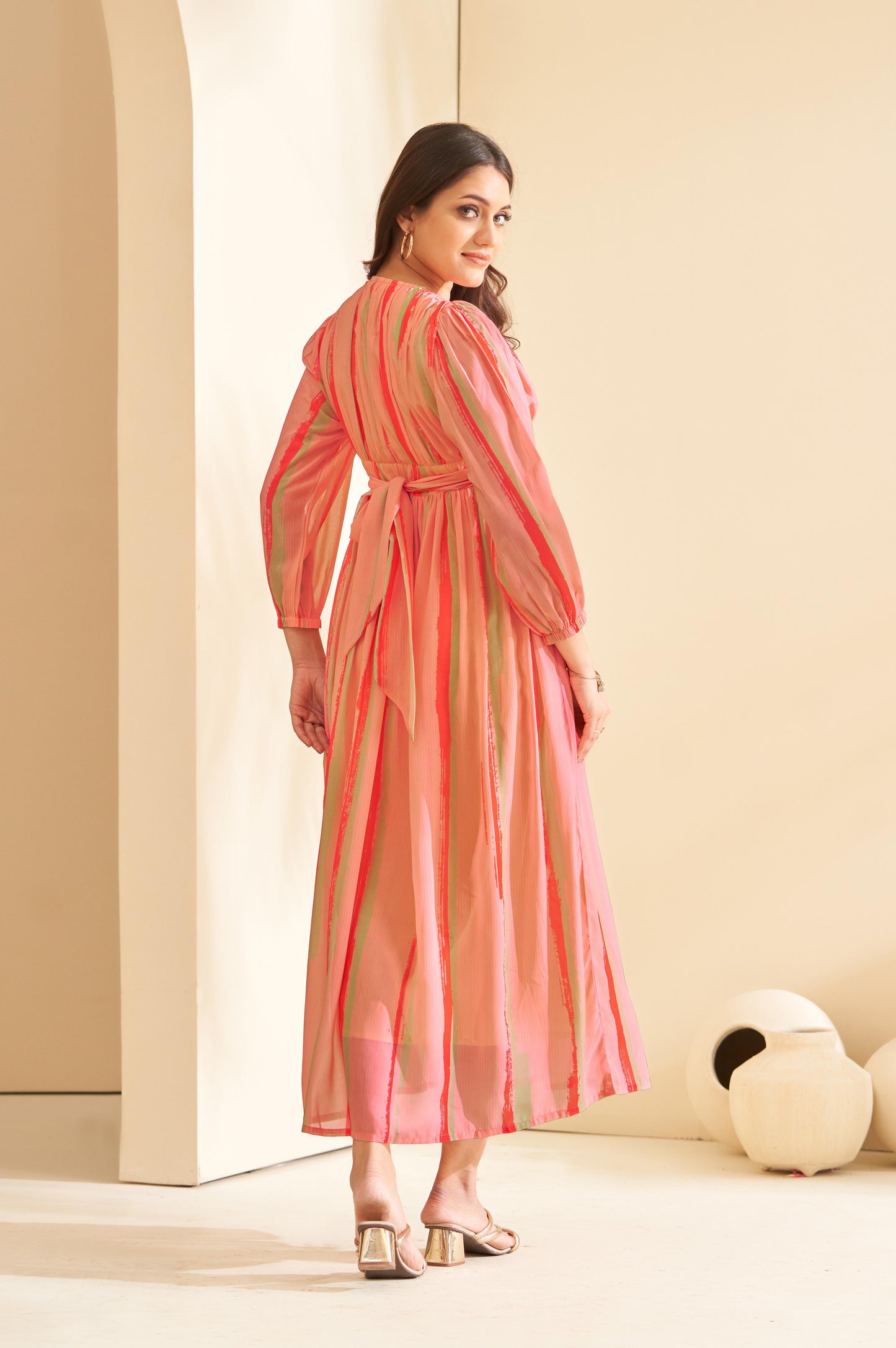 Peach Pink Flared Geometric Digital print Dress