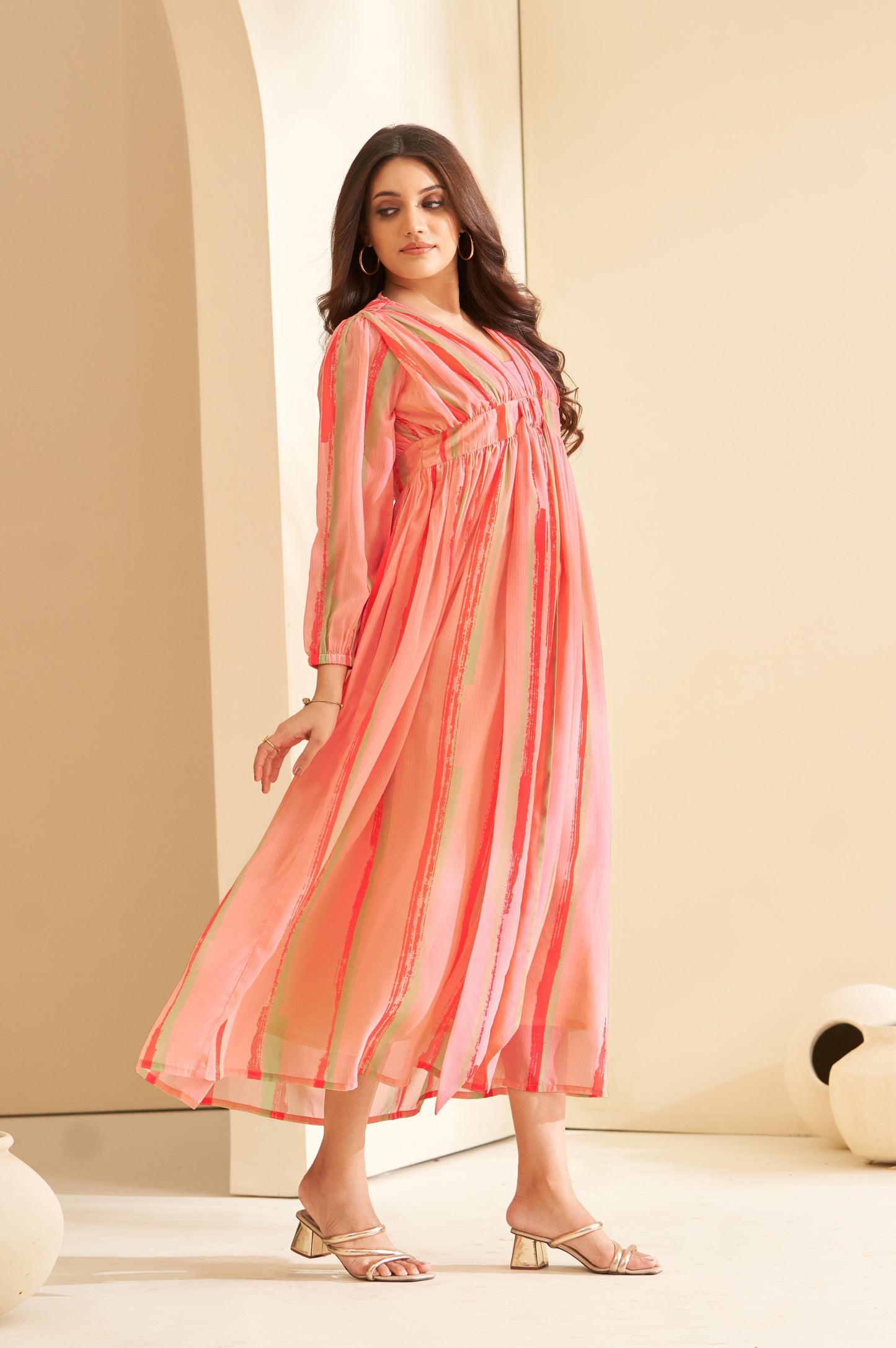 Peach Pink Flared Geometric Digital print Dress