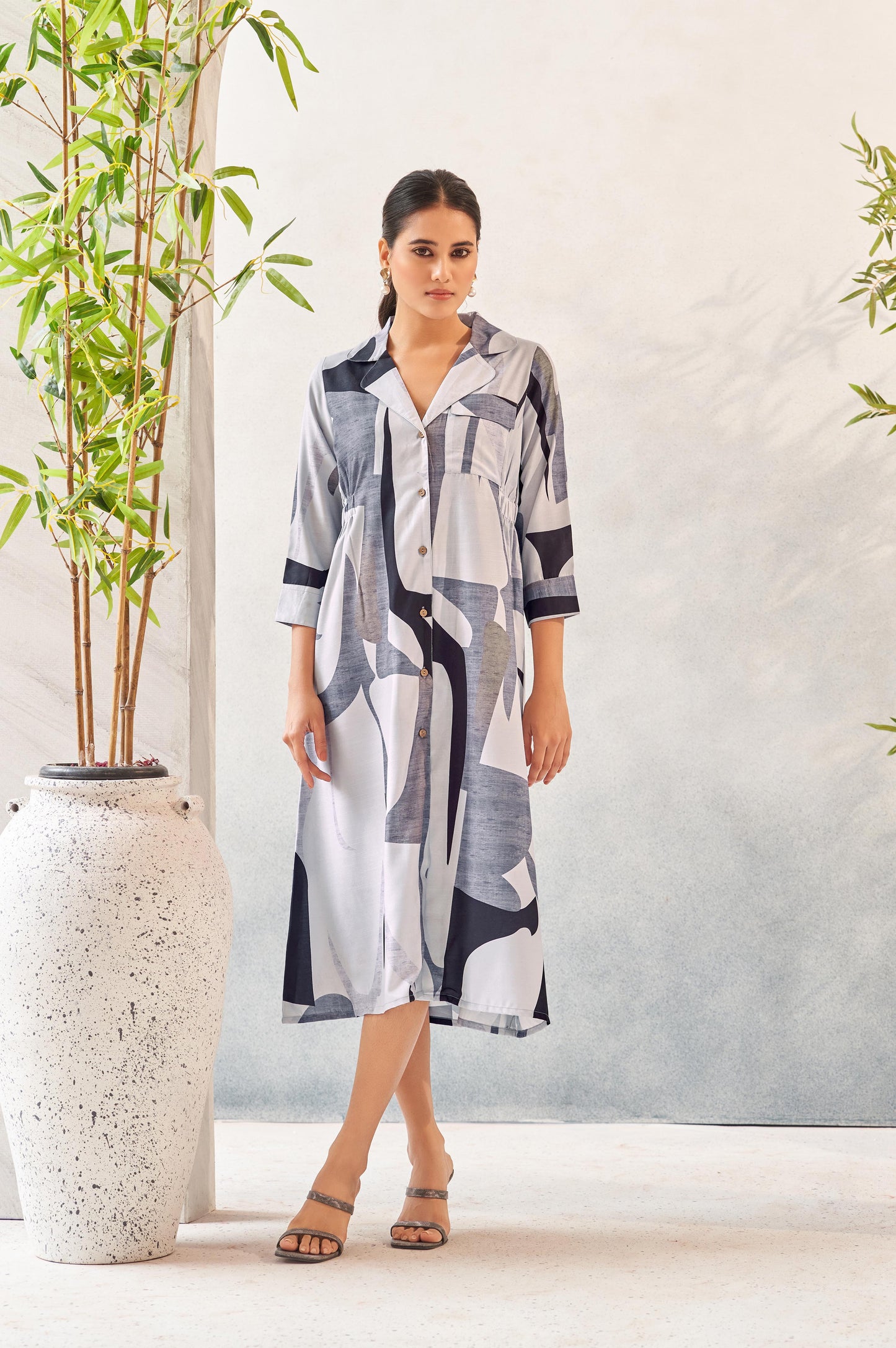 Grey Digital Print Shirt Collar Midi Dress