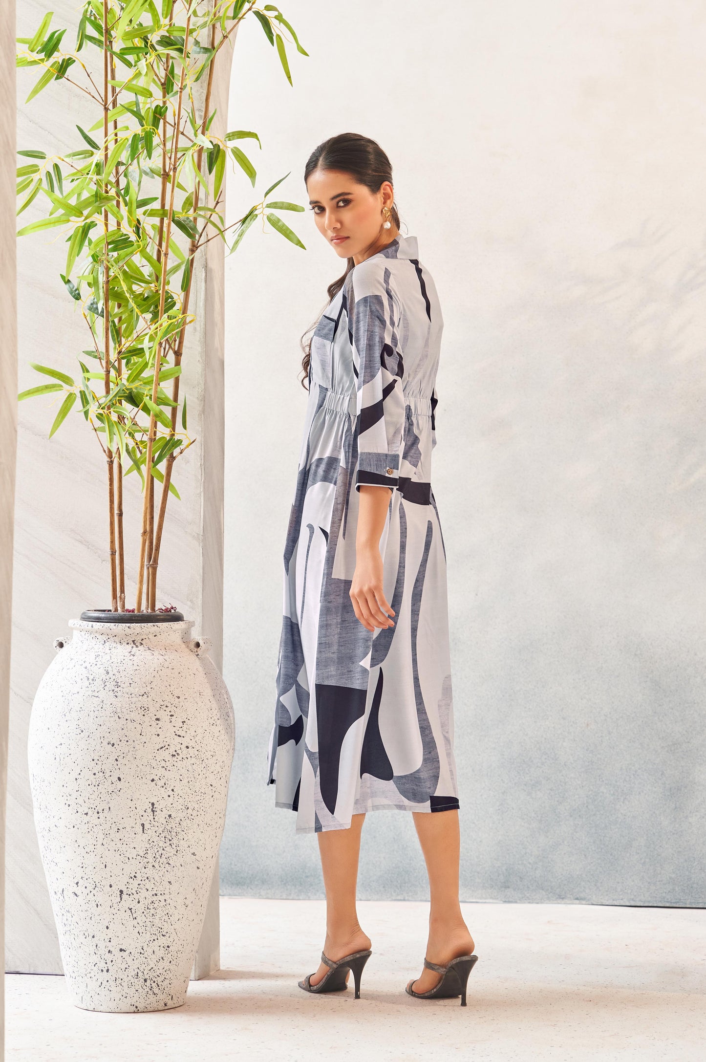 Grey Digital Print Shirt Collar Midi Dress
