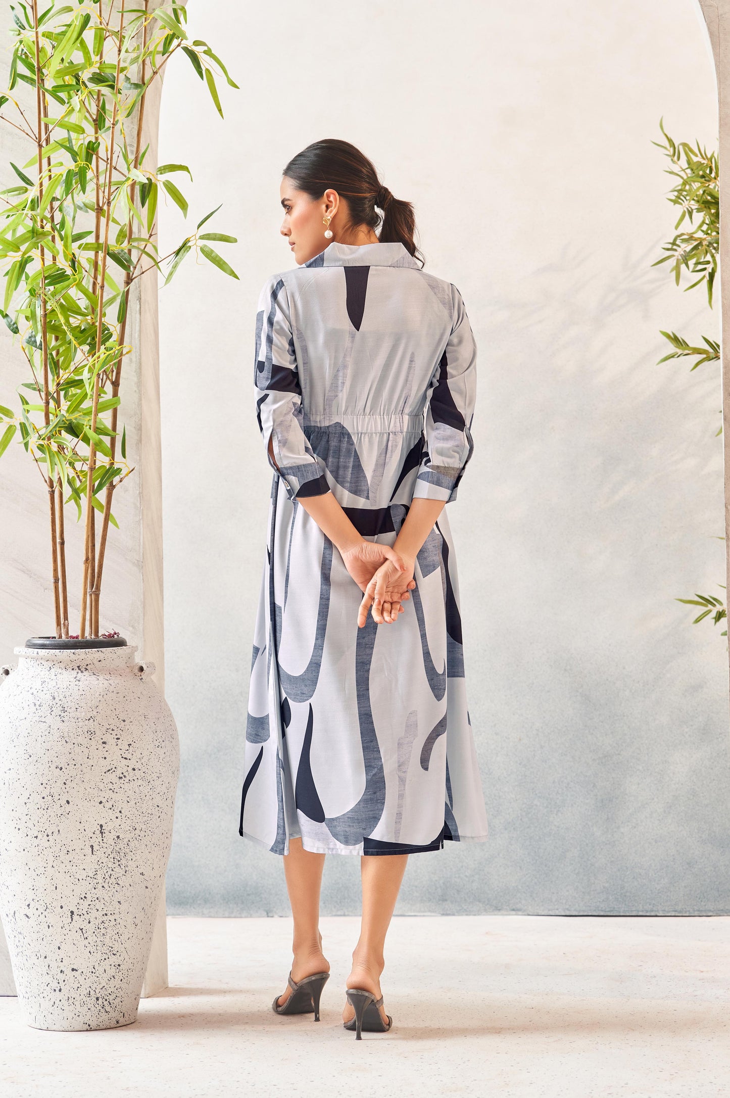 Grey Digital Print Shirt Collar Midi Dress