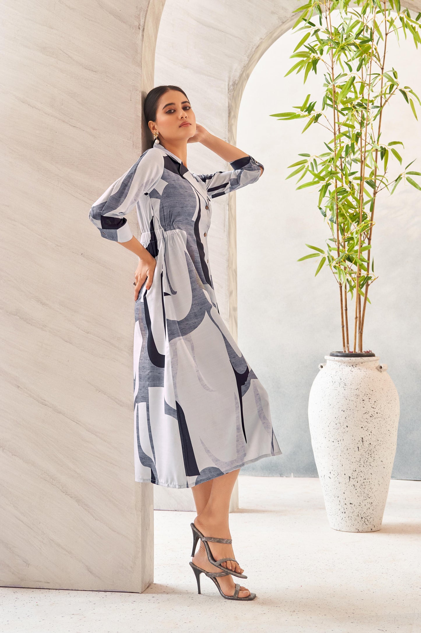 Grey Digital Print Shirt Collar Midi Dress