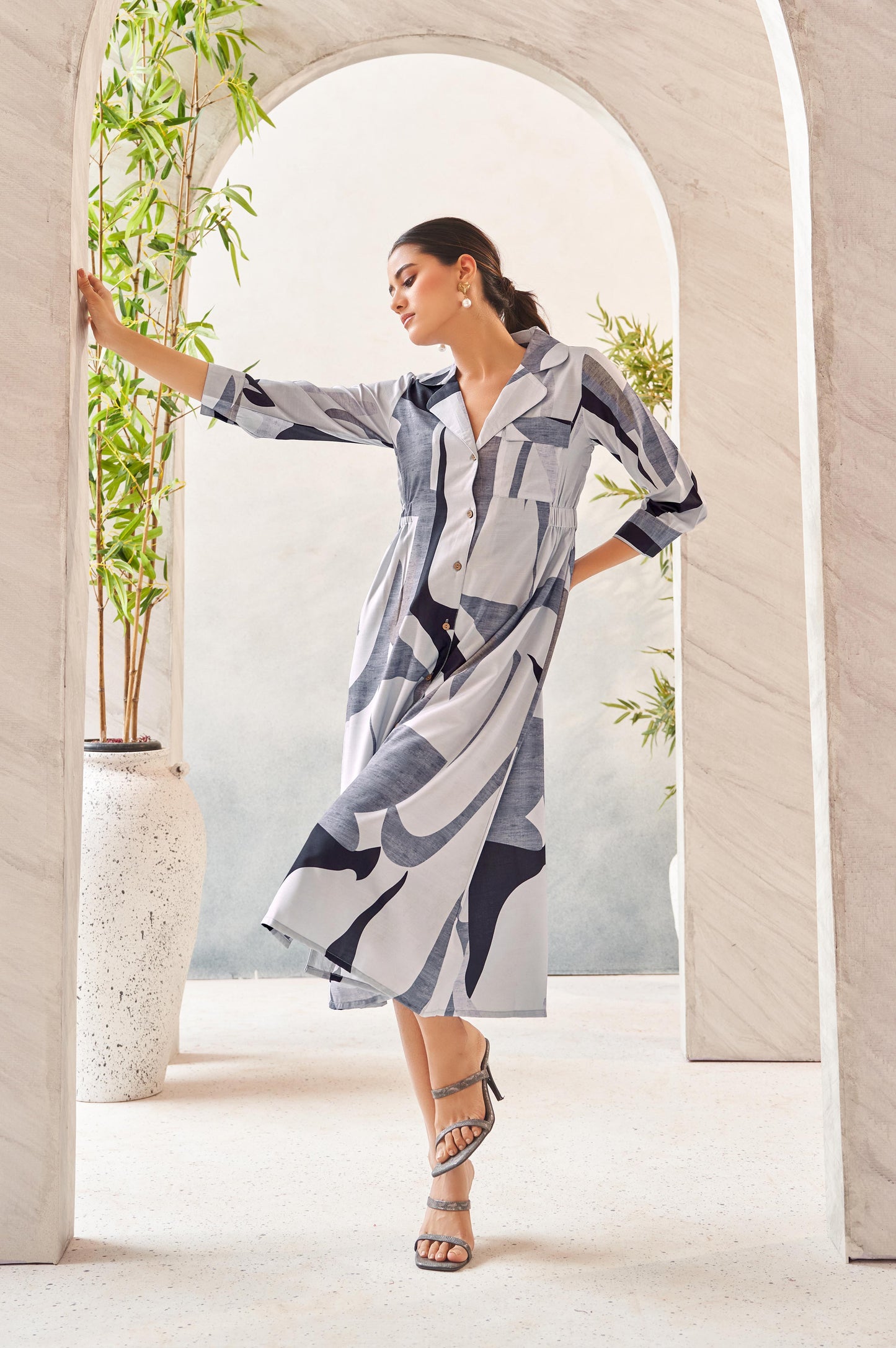 Grey Digital Print Shirt Collar Midi Dress