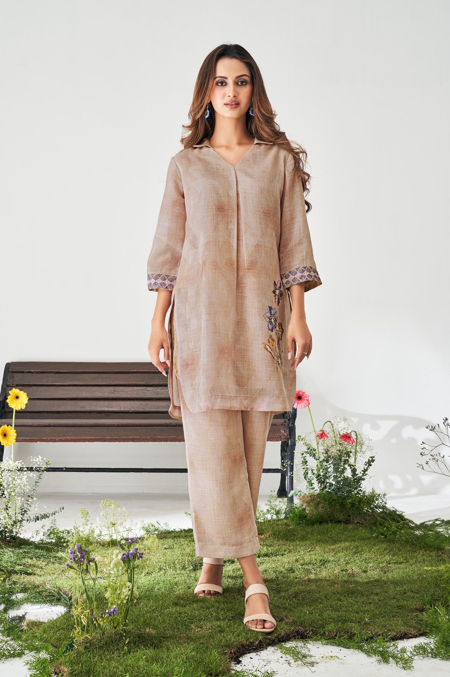 Beige Embroidered Digital Print Co-ord set