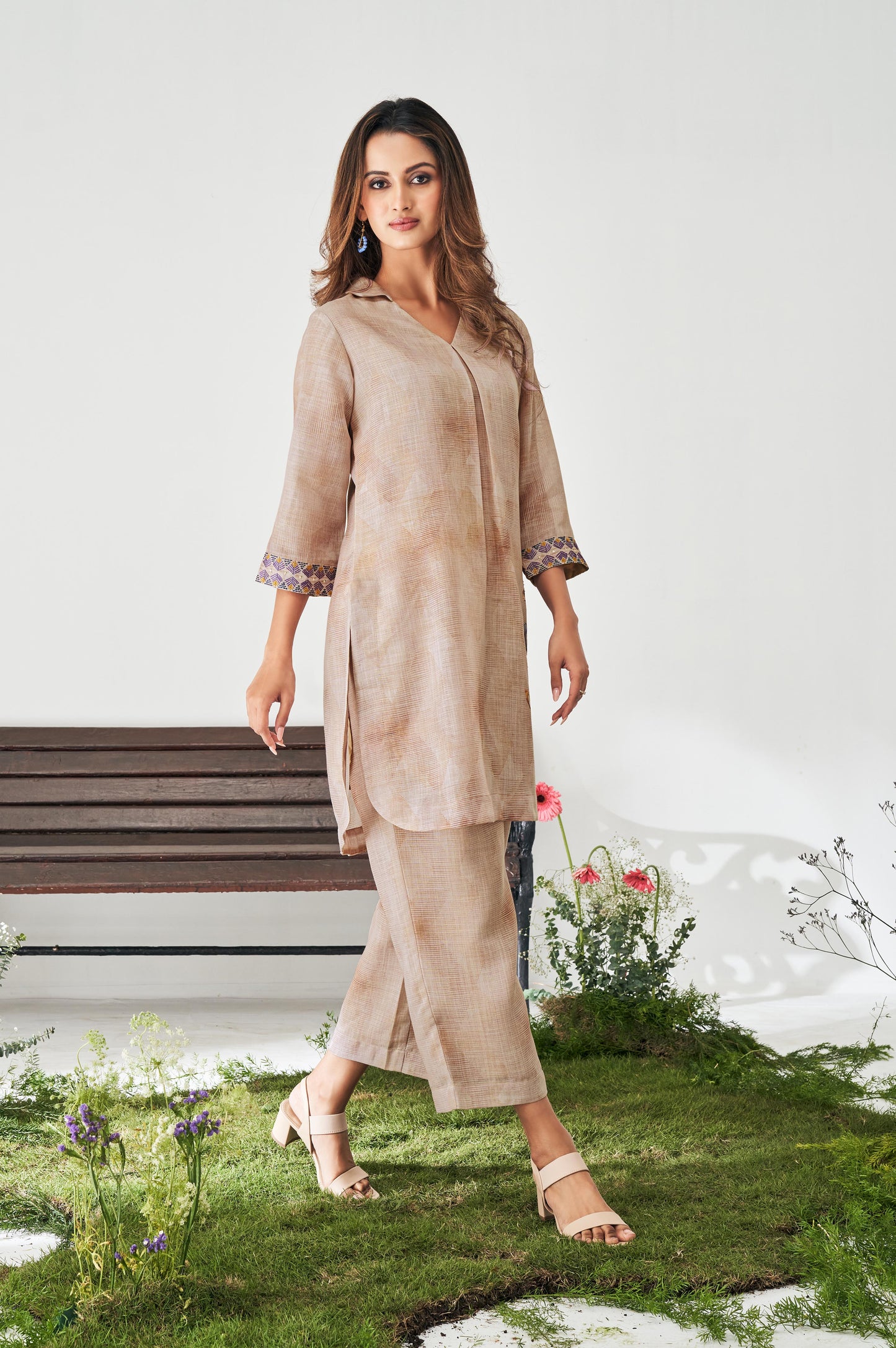 Beige Embroidered Digital Print Co-ord set
