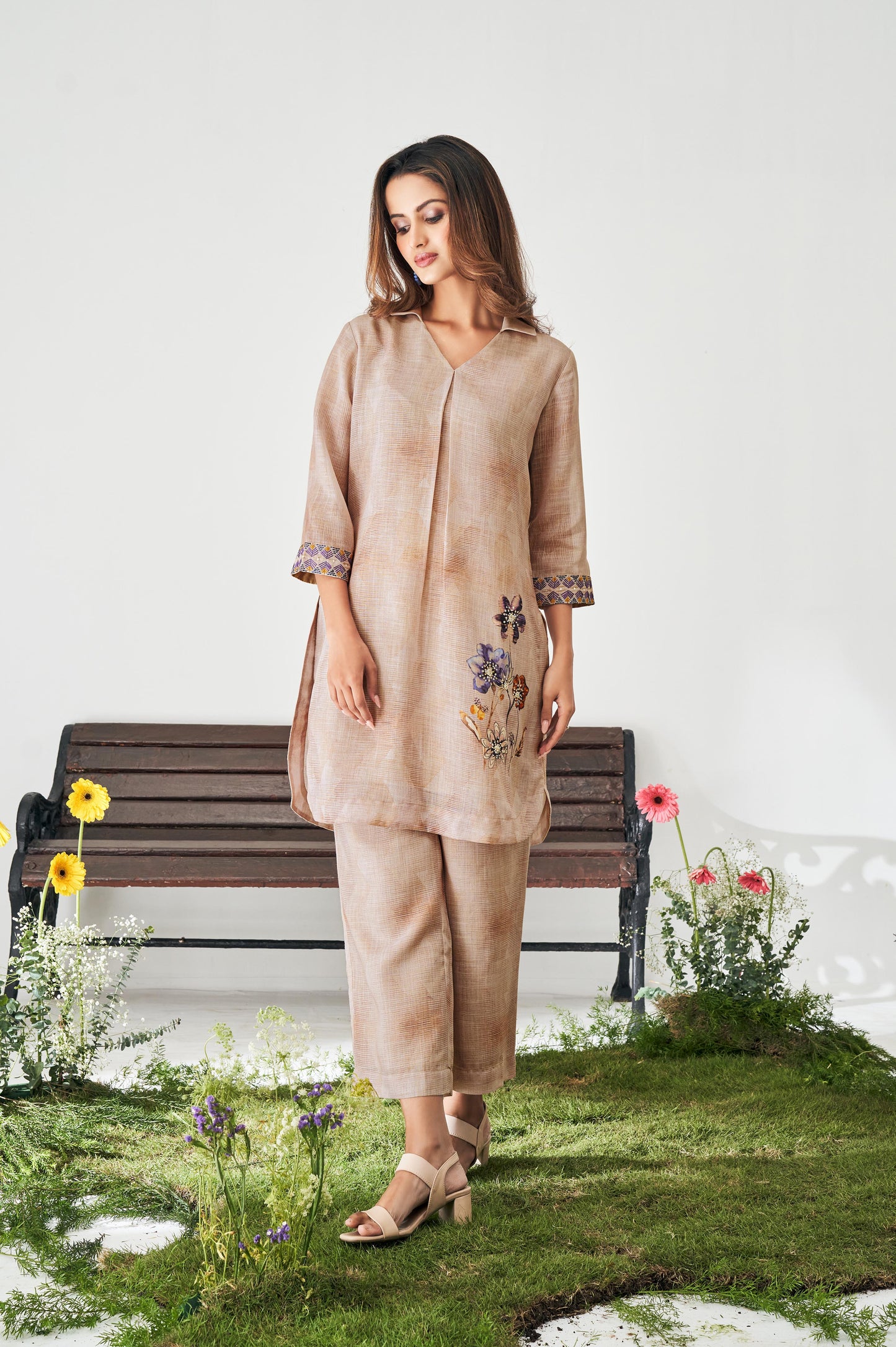 Beige Embroidered Digital Print Co-ord set