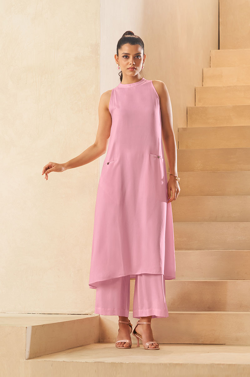 Light Pink Halter Neck Kurta and Culottes Set With Front Pocket