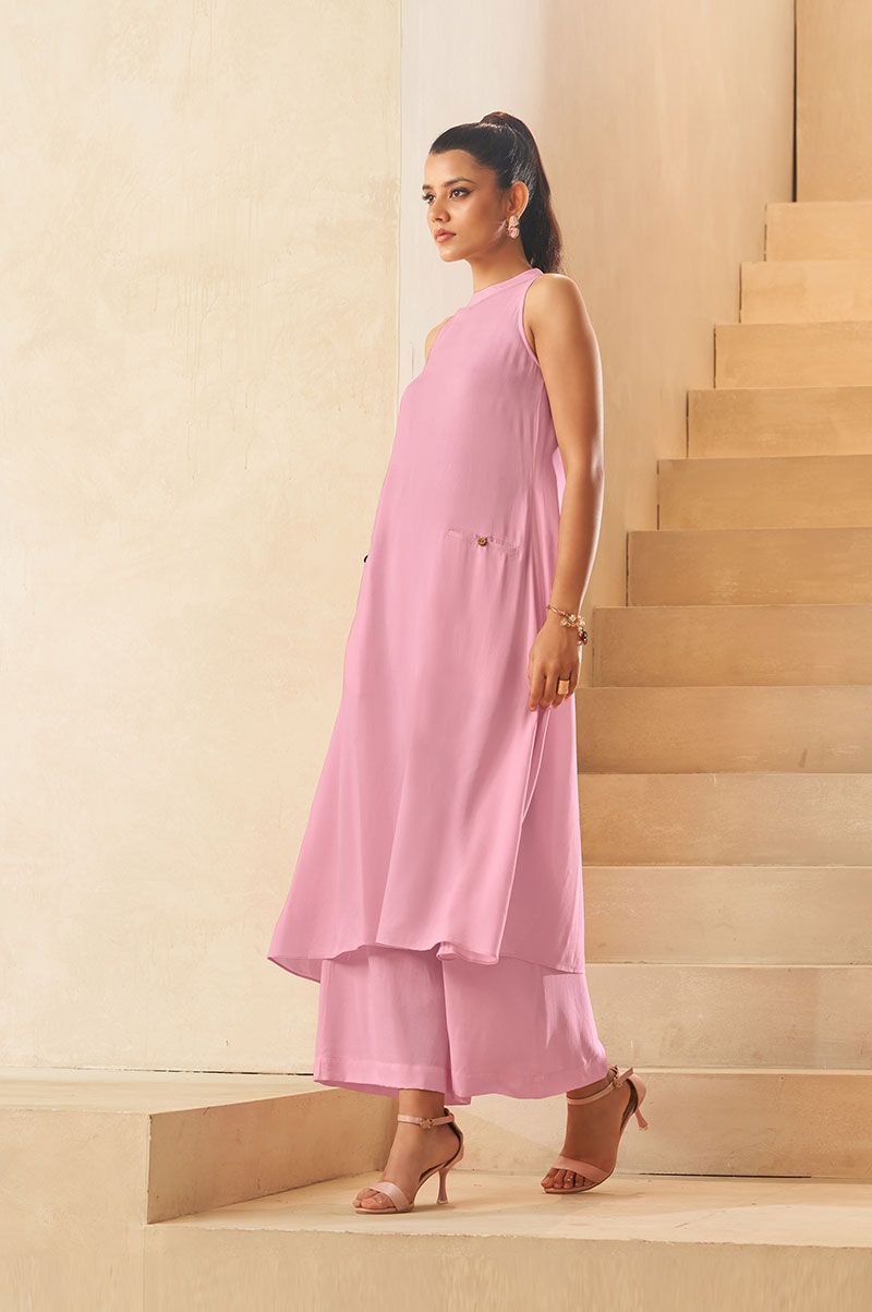 Light Pink Halter Neck Kurta and Culottes Set With Front Pocket
