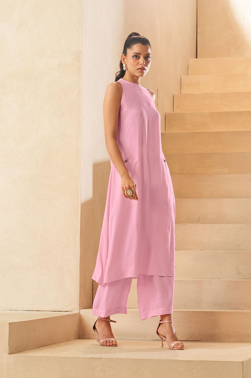Light Pink Halter Neck Kurta and Culottes Set With Front Pocket