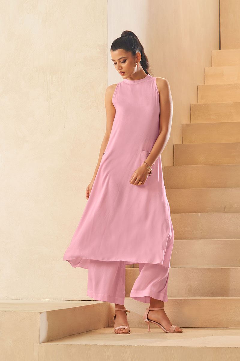 Light Pink Halter Neck Kurta and Culottes Set With Front Pocket