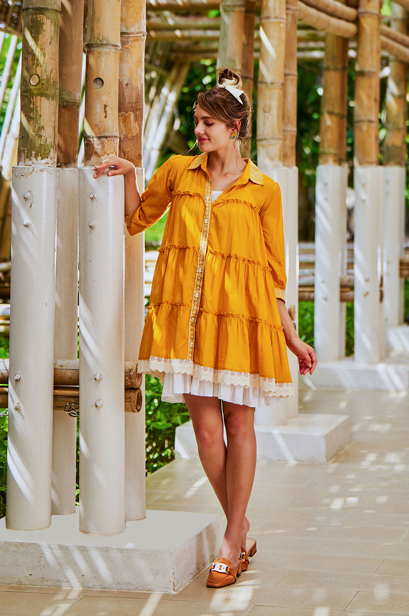 Mustard Cotton Embroidered Loose Fit Dress