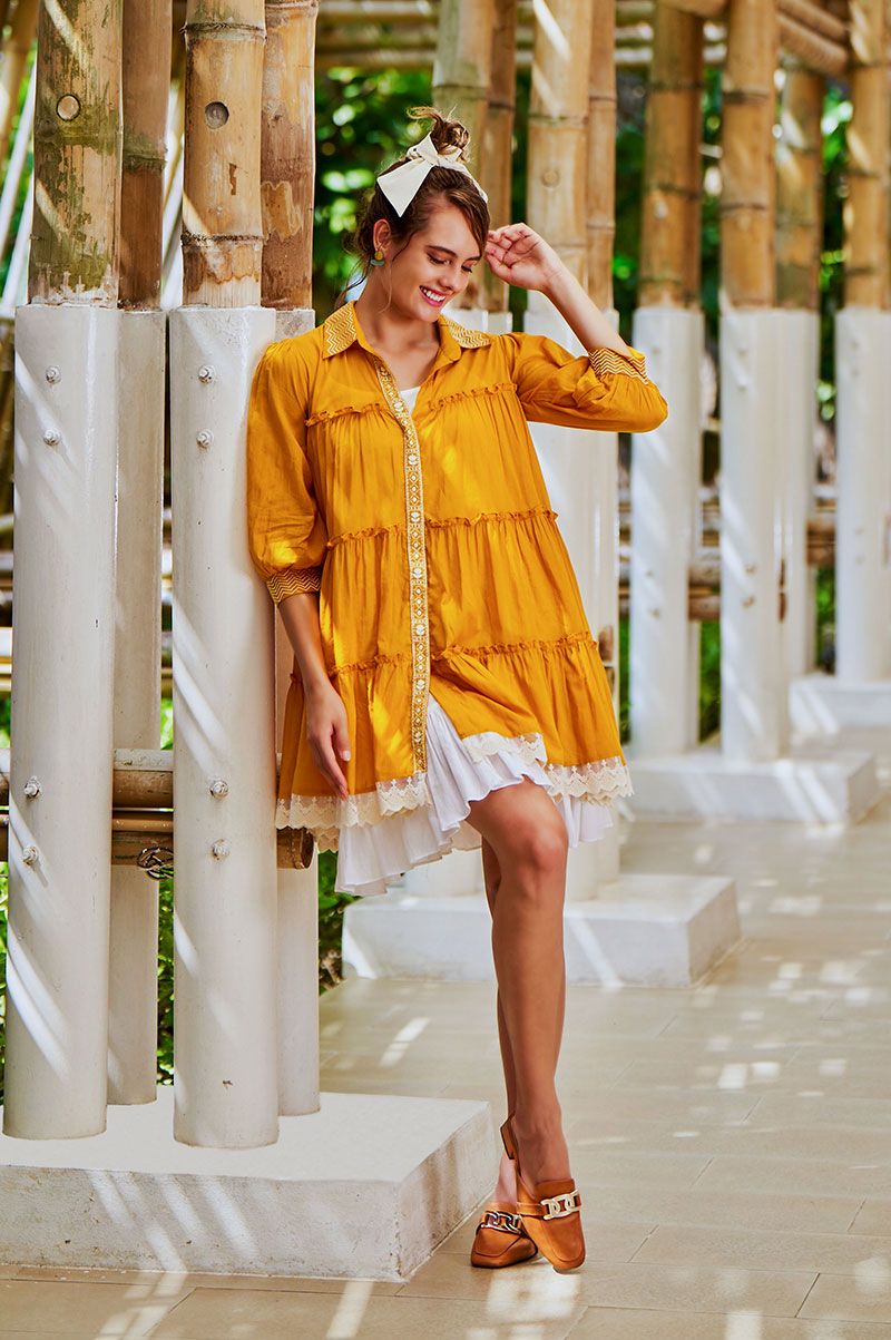 Mustard Cotton Embroidered Loose Fit Dress