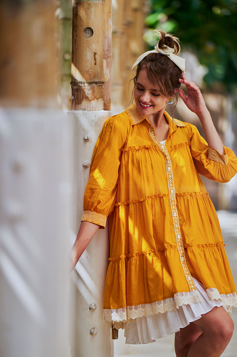 Mustard Cotton Embroidered Loose Fit Dress