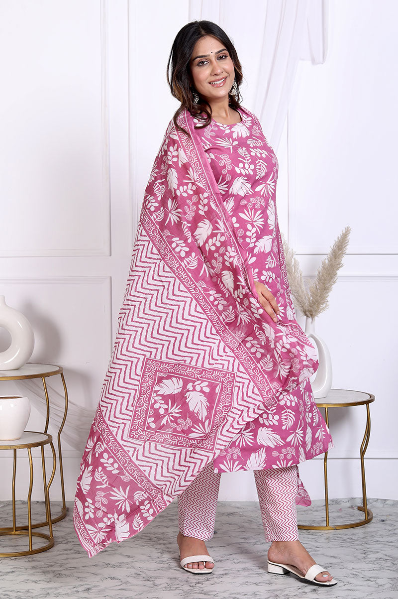 Pink Floral Printed Cotton Straight Fit Kurta Set With Dupatta