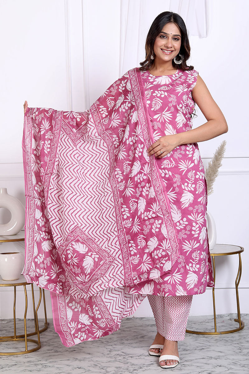 Pink Floral Printed Cotton Straight Fit Kurta Set With Dupatta