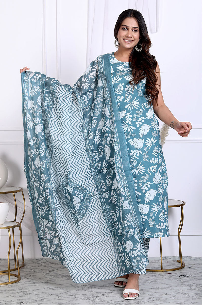 Blue Floral Printed Cotton Straight Fit Kurta Set With Dupatta