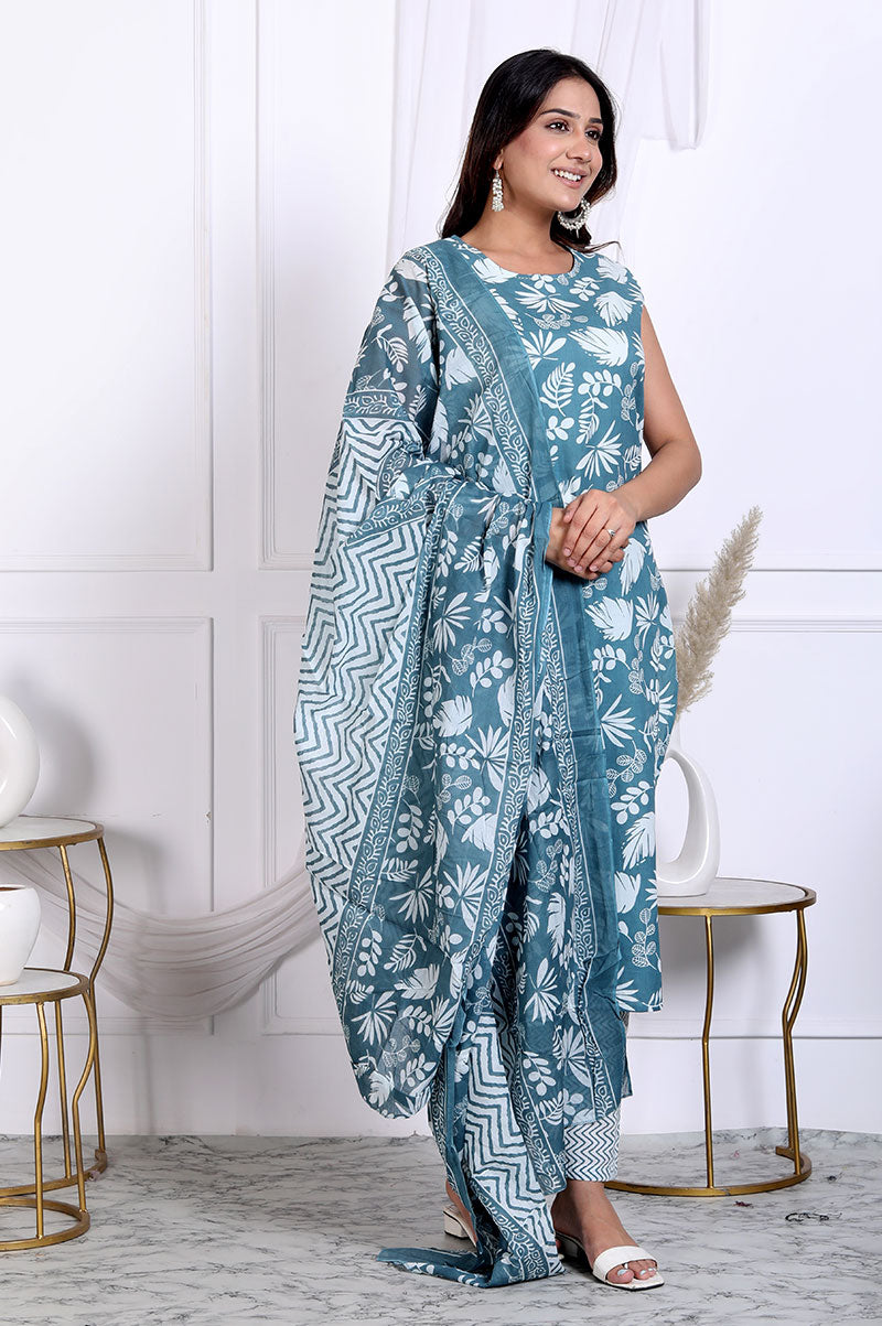 Blue Floral Printed Cotton Straight Fit Kurta Set With Dupatta