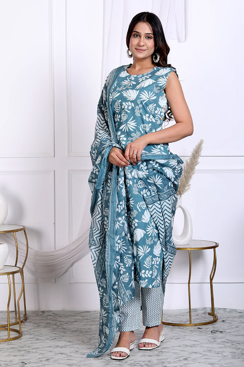 Blue Floral Printed Cotton Straight Fit Kurta Set With Dupatta