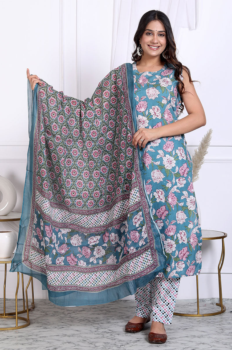 Teal Blue Floral Printed Cotton Straight Fit Kurta Set With Dupatta