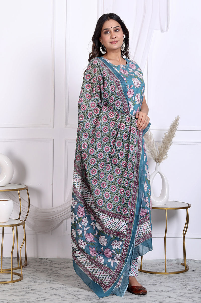 Teal Blue Floral Printed Cotton Straight Fit Kurta Set With Dupatta