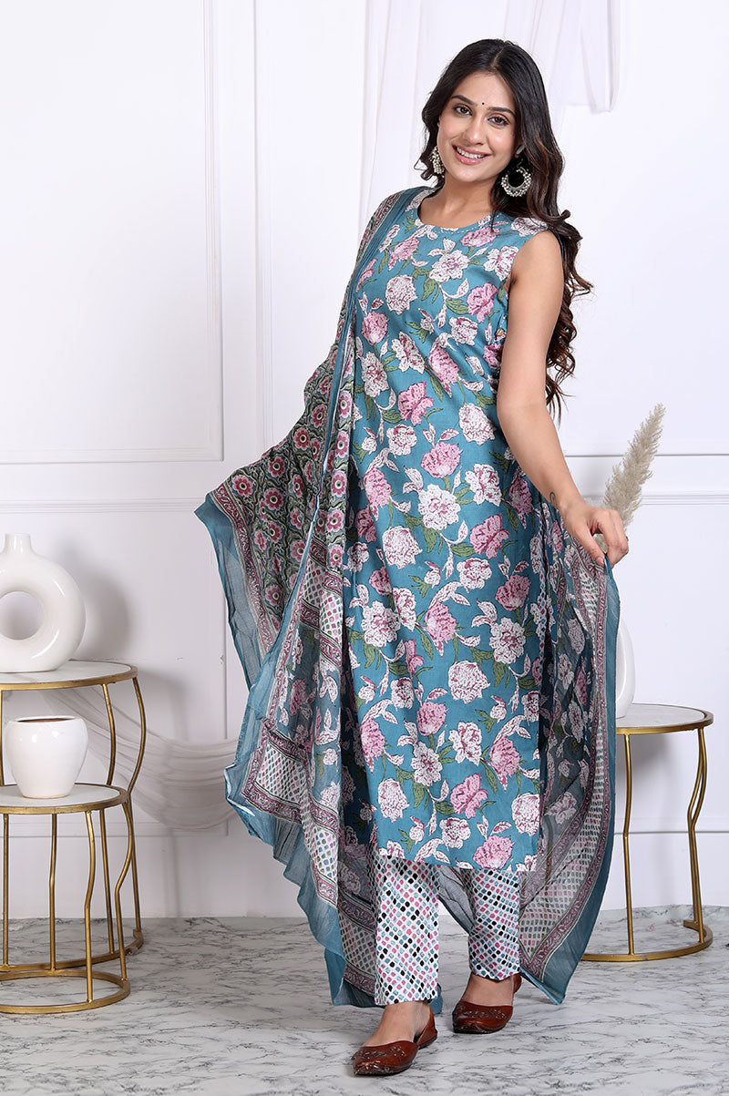 Teal Blue Floral Printed Cotton Straight Fit Kurta Set With Dupatta