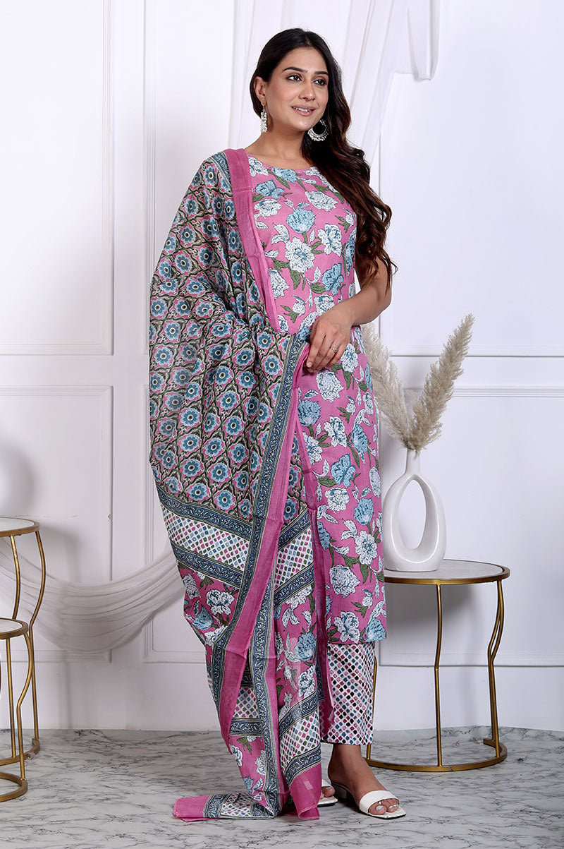 Drak Pink Floral Printed Cotton Straight Fit Kurta Set With Dupatta