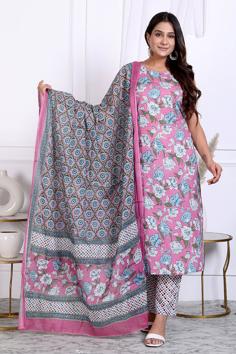 Drak Pink Floral Printed Cotton Straight Fit Kurta Set With Dupatta