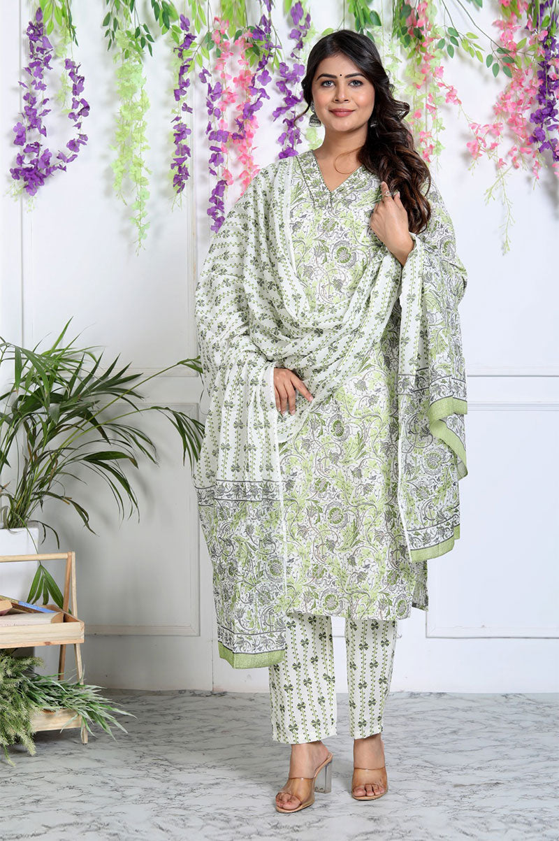 Green Floral Printed Cotton Kurta Set With Dupatta