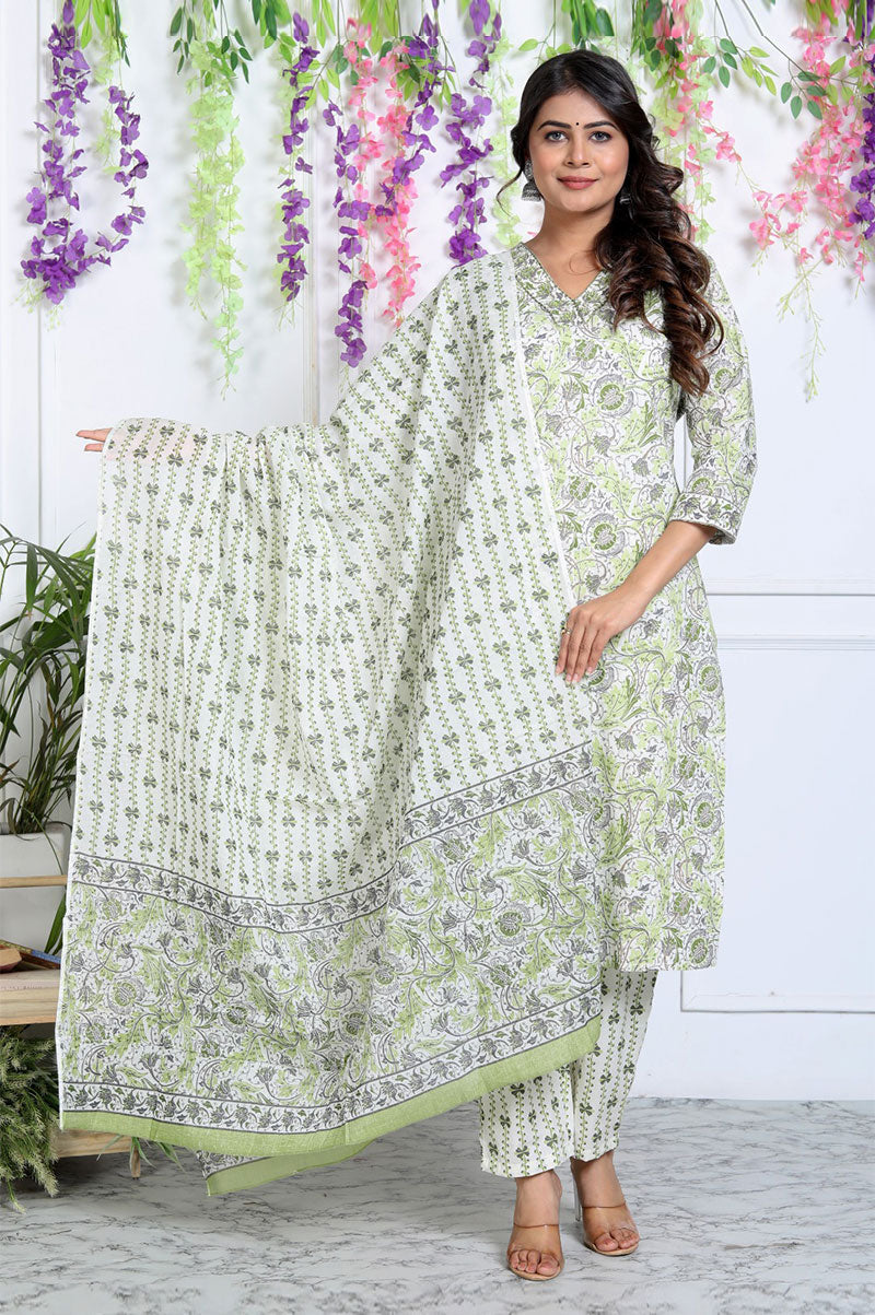 Green Floral Printed Cotton Kurta Set With Dupatta