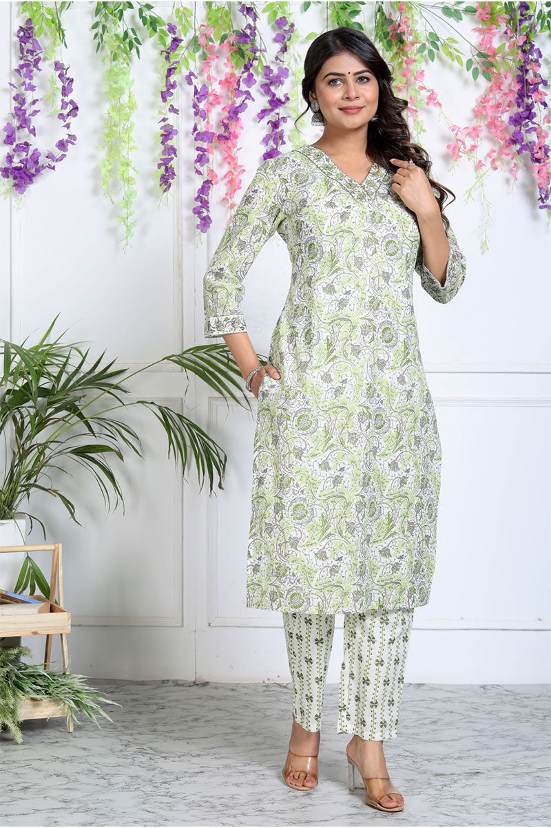 Green Floral Printed Cotton Kurta Set With Dupatta