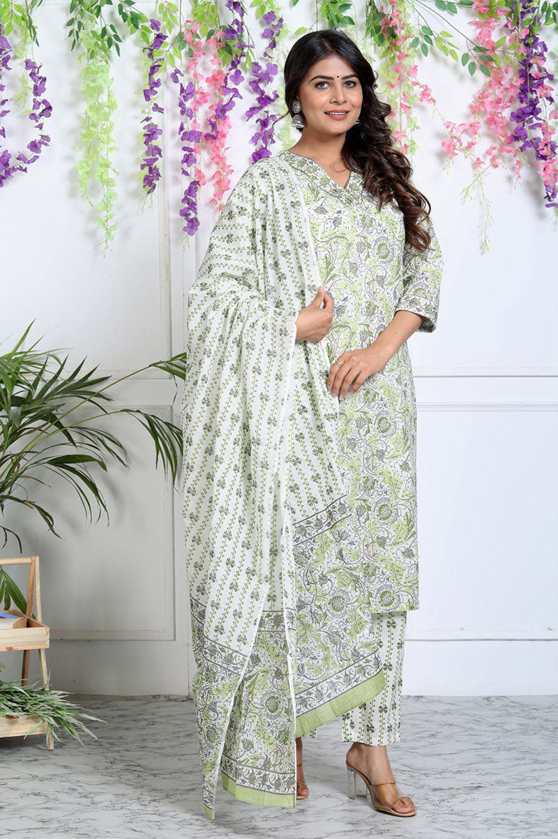 Green Floral Printed Cotton Kurta Set With Dupatta