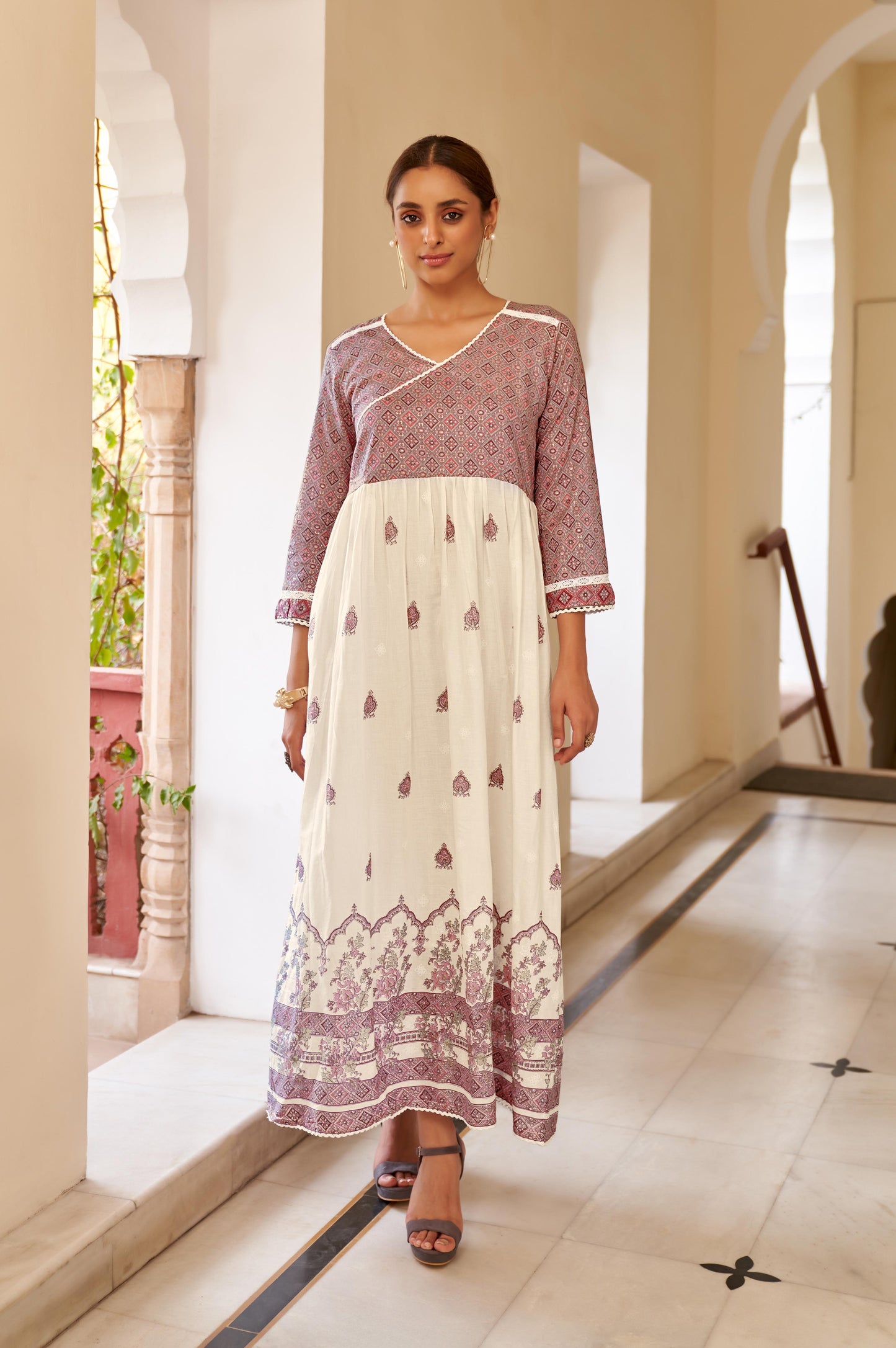 Pink Cotton Printed V Neck Dress