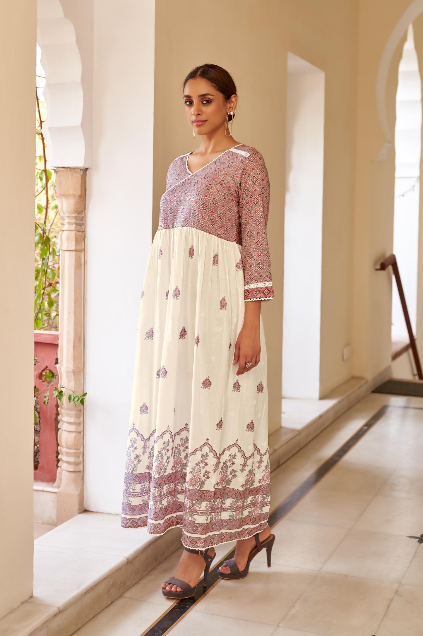 Pink Cotton Printed V Neck Dress