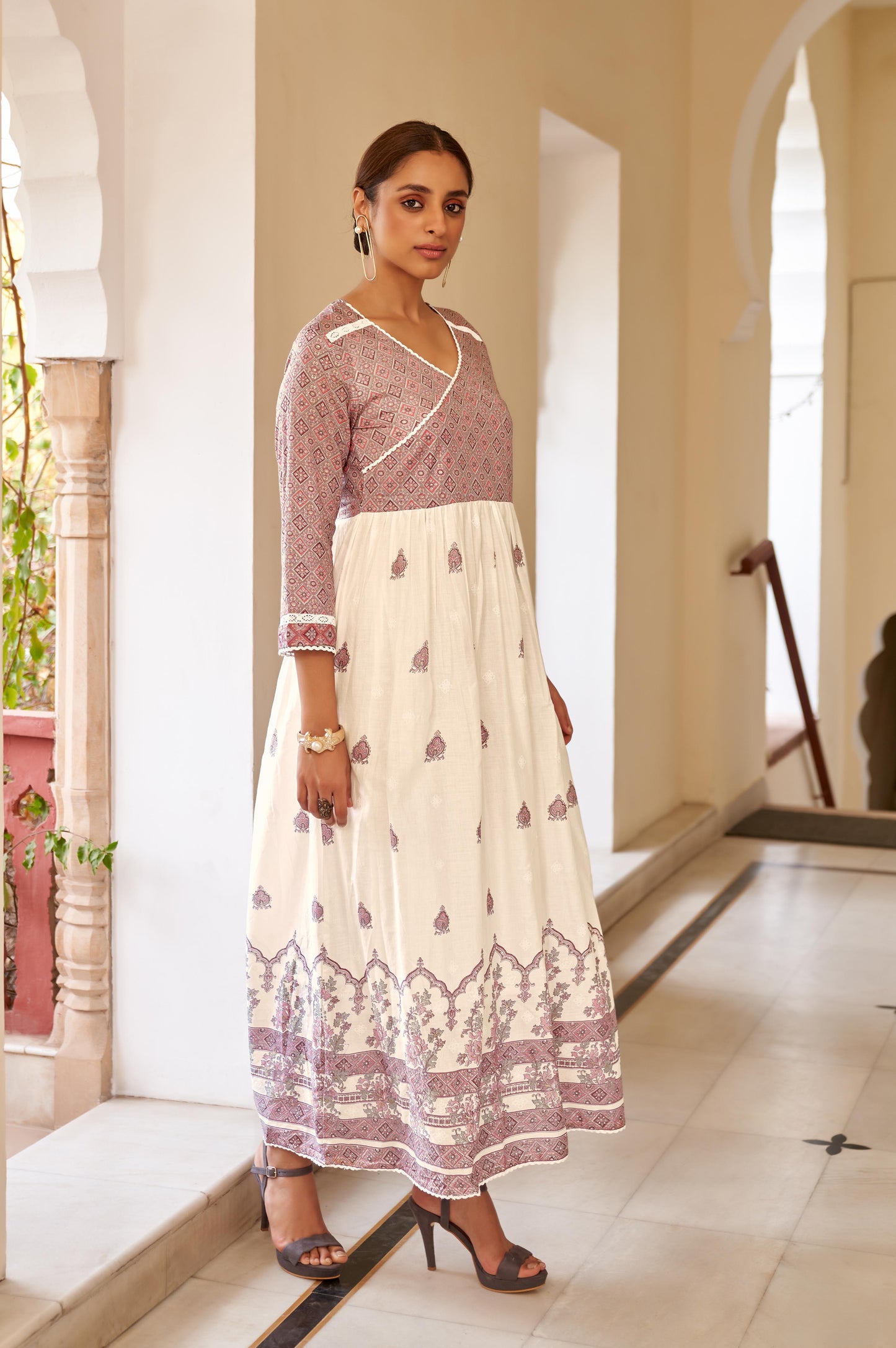 Pink Cotton Printed V Neck Dress
