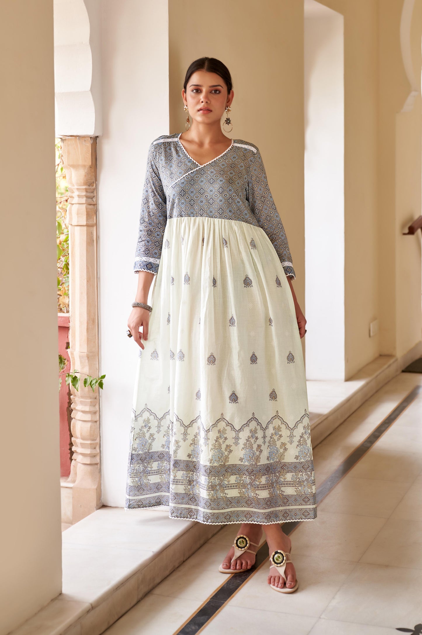 Blue Cotton Printed V Neck Dress